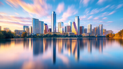 Fototapeta premium A stunning city skyline at dusk showcases glowing skyscrapers reflecting on tranquil lake, creating serene and vibrant atmosphere