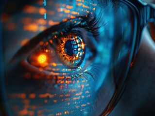 Close-up image of a human eye with reflections of digital codes and data, illustrating the concept of technology and information processing.