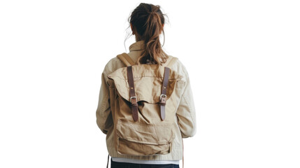 Beige backpack on woman's back on transparent background