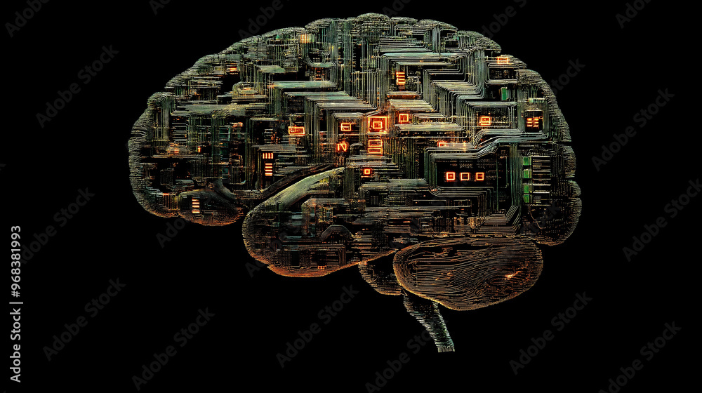 Aufkleber circuit board forming artificial intelligence brain on black background