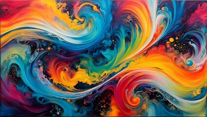 Abstract painting with swirling vibrant colors in blue, orange, yellow, red, and white against a dark background.
