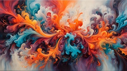 Abstract painting with swirling, vibrant colors of red, orange, yellow, blue, purple, and white.