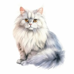 Beautiful Watercolor Illustration of a Gray Long-Haired Cat with Amber Eyes. Perfect for Pet Lovers, Artistic Projects, and Home Decor.