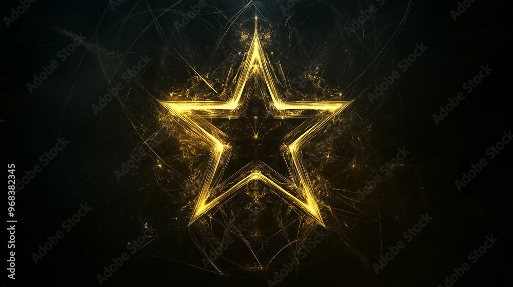 Poster Golden star shining on dark background with abstract fractal pattern