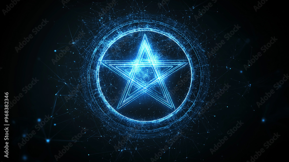 Leinwandbilder blue glowing pentagram in a circle with network connection lines
