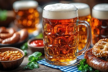 Authentic Oktoberfest Snack Platter with Pretzels and Sausages, Delicious Oktoberfest Feast Traditional Bavarian Snacks and Beer, Rustic Oktoberfest Table with Classic German Snacks and Drinks