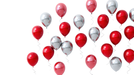3D silver and red balloons with bunch on transparent background