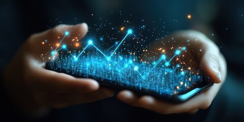 Digital Growth and Technology:  Hands Holding a Smartphone with an Upward Trend Line Visualized