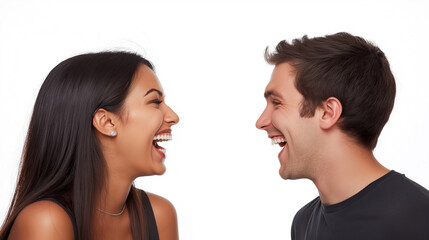 Young couple sharing a laugh together on white background