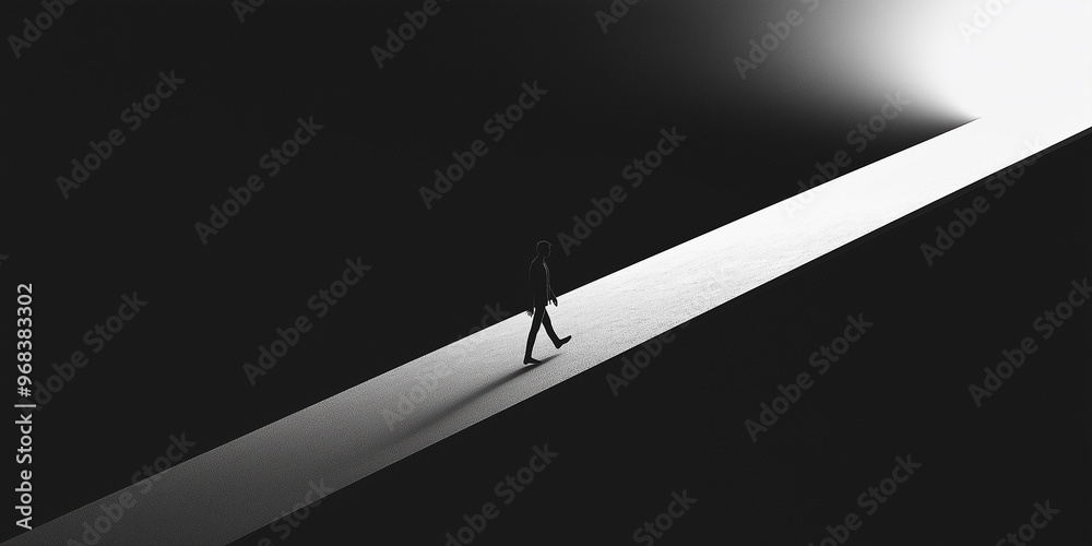 Poster businessman walking up illuminated path to the light in uncertain future