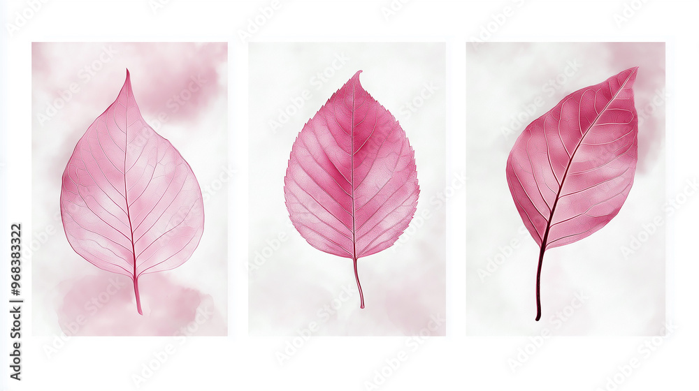 Poster Three pink leaves forming a triptych on a textured background
