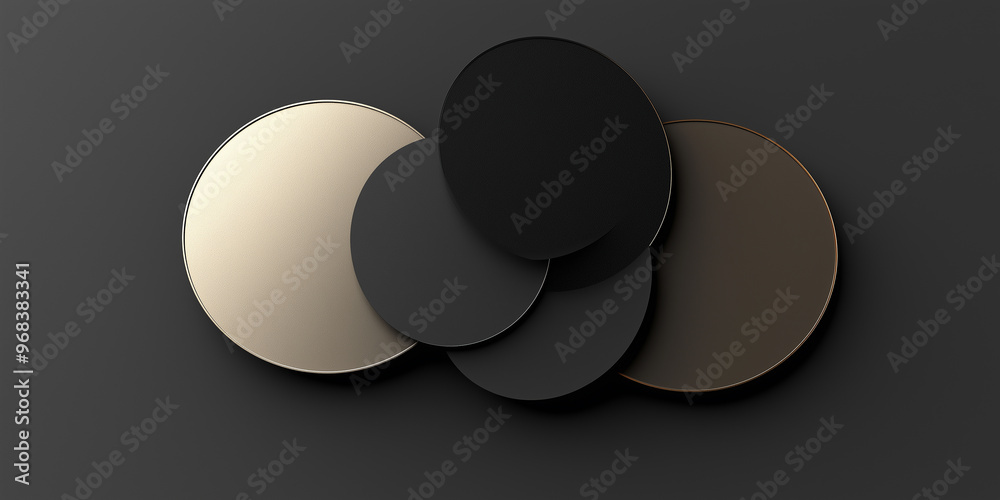 Poster group of black, white and gold circles overlapping on dark background