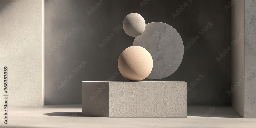 Poster modern minimalist interior scene with geometric shapes balancing on a cube podium