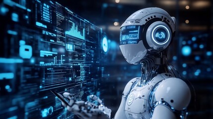 A white humanoid robot with a sleek design interacts with a glowing blue digital interface.
