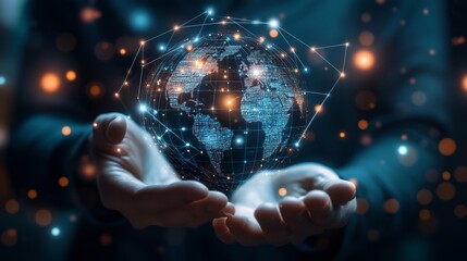 Hand holding global network connection on screens, tablets, smartphones, laptops, and smartwatches, exemplifying time management through technology and futuristic connectivity.