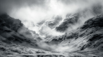 Low lying soft clouds over snow covered mountain peaks. Fine art black and white photo. 