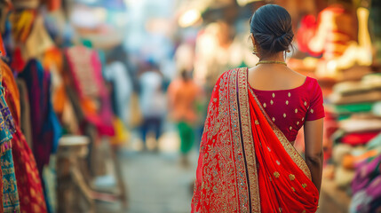 Young indian woman wearing traditional sari walking in busy bazaar