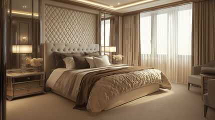 Luxurious bedroom interior with large comfortable bed and window