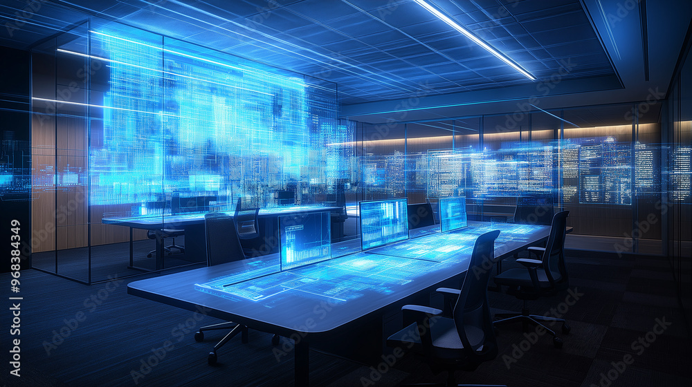 Aufkleber Modern office meeting room displaying futuristic business analytics and data visualization