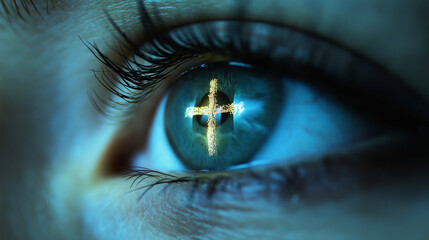 Woman's blue eye reflecting glowing cross showing faith and spirituality
