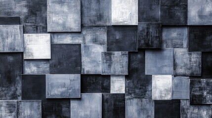 Abstract pattern of overlapping squares in various shades of gray and black.