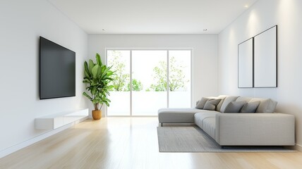 A living room with a white couch and a black television
