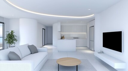 Fototapeta premium A white living room with a couch, a coffee table, and a television