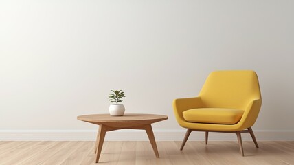 A yellow chair sits in front of a white coffee table