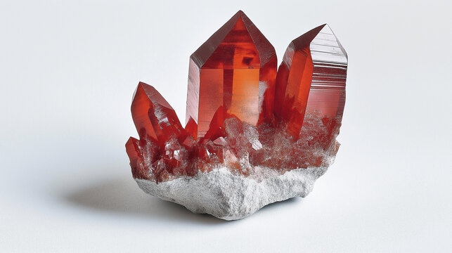 Red quartz crystal cluster specimen shining on white background