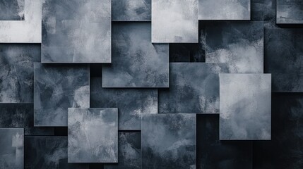 Abstract pattern of overlapping squares in various shades of gray and black.