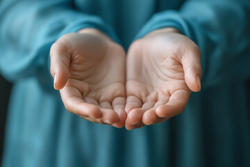 Woman holding her empty hands together outstretched
