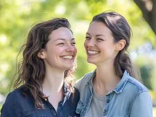 Obraz premium Smiling Lesbian Couple Outdoors