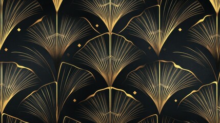 Art deco-inspired pattern with gold geometric shapes on a dark background.