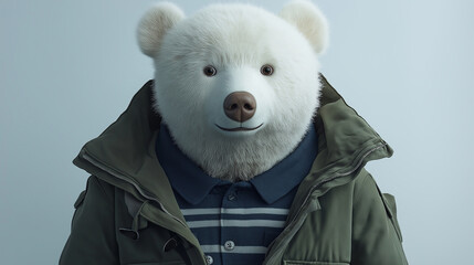 Polar bear wearing winter jacket posing for portrait