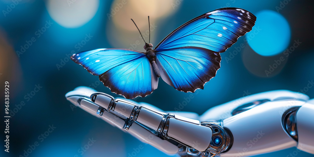 Aufkleber blue morpho butterfly gently touching robotic hand with open palm