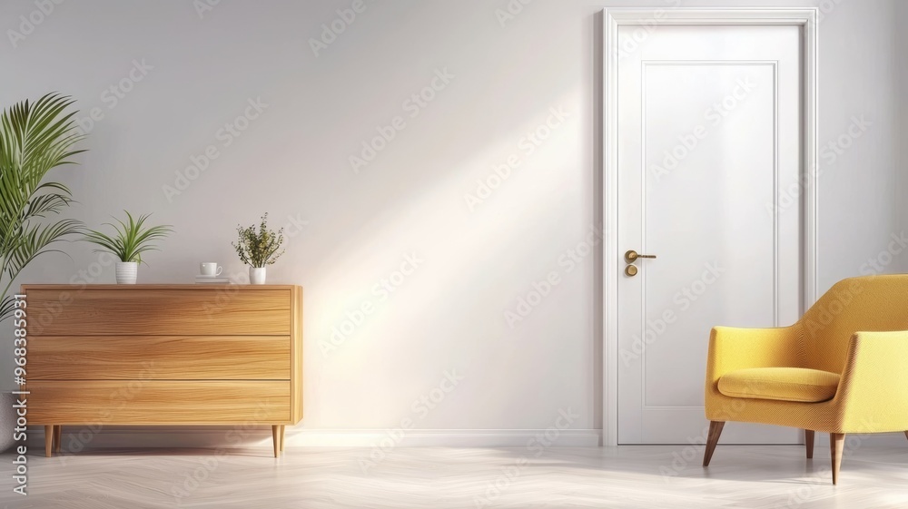 Wall mural A white door is open in a room with a yellow chair and a wooden dresser