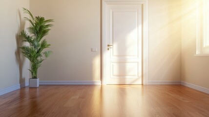 Obraz premium A white door is open in a room with a large potted plant