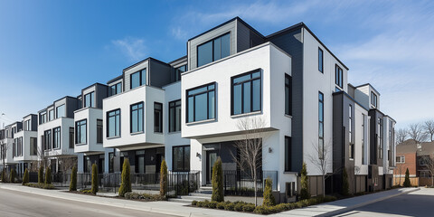 Modern white and grey townhouses on a sunny day with blue sky