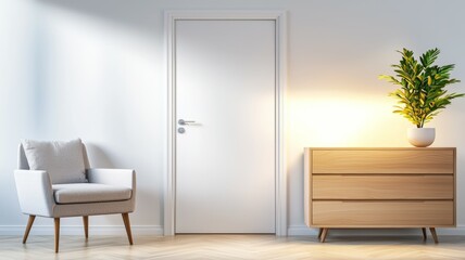 A white door with a silver handle sits in front of a white wall