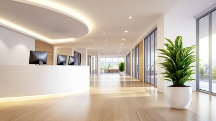 A large open lobby with a white counter and three computer monitors