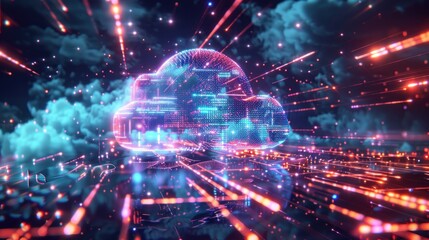 Fototapeta premium A digital cloud with vibrant data streams, representing cloud computing and data transfer.