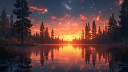 Fiery Sunset Over Lake Reflection