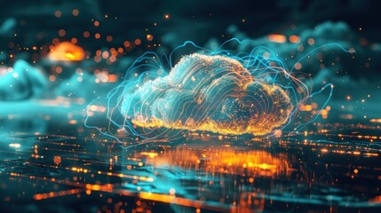Fototapeta premium A digital cloud illuminated with glowing lines and particles, reflecting a futuristic theme.