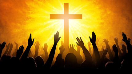 Crowd raising hands in praise under a glowing cross