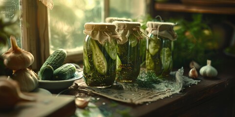 Fototapeta premium Preserved cucumbers with a touch of salt dill and garlic for winter storage