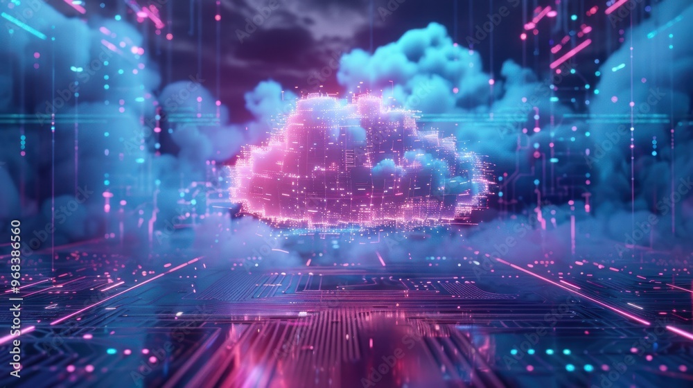 Poster a futuristic cloud computing concept with vibrant colors and digital elements.