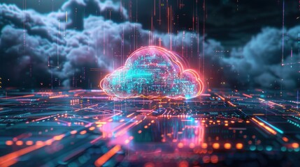 Fototapeta premium Futuristic cloud computing representation with digital elements and vibrant colors.