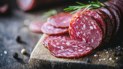 Sliced salami is laying on a cutting board with rosemary and spices