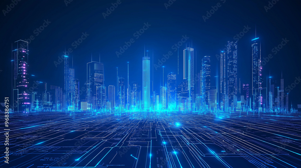 Poster futuristic smart city emerging from circuit board data flowing through digital connections