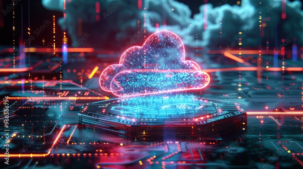 Poster a futuristic cloud symbol over a digital circuit board, representing cloud computing technology.